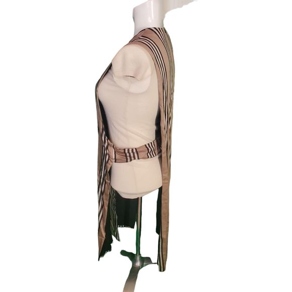 Nualy Tan Striped Duster Cardigan Sleeveless Satin Jacket Tunic Top sz 40/S-M - Picture 2 of 7